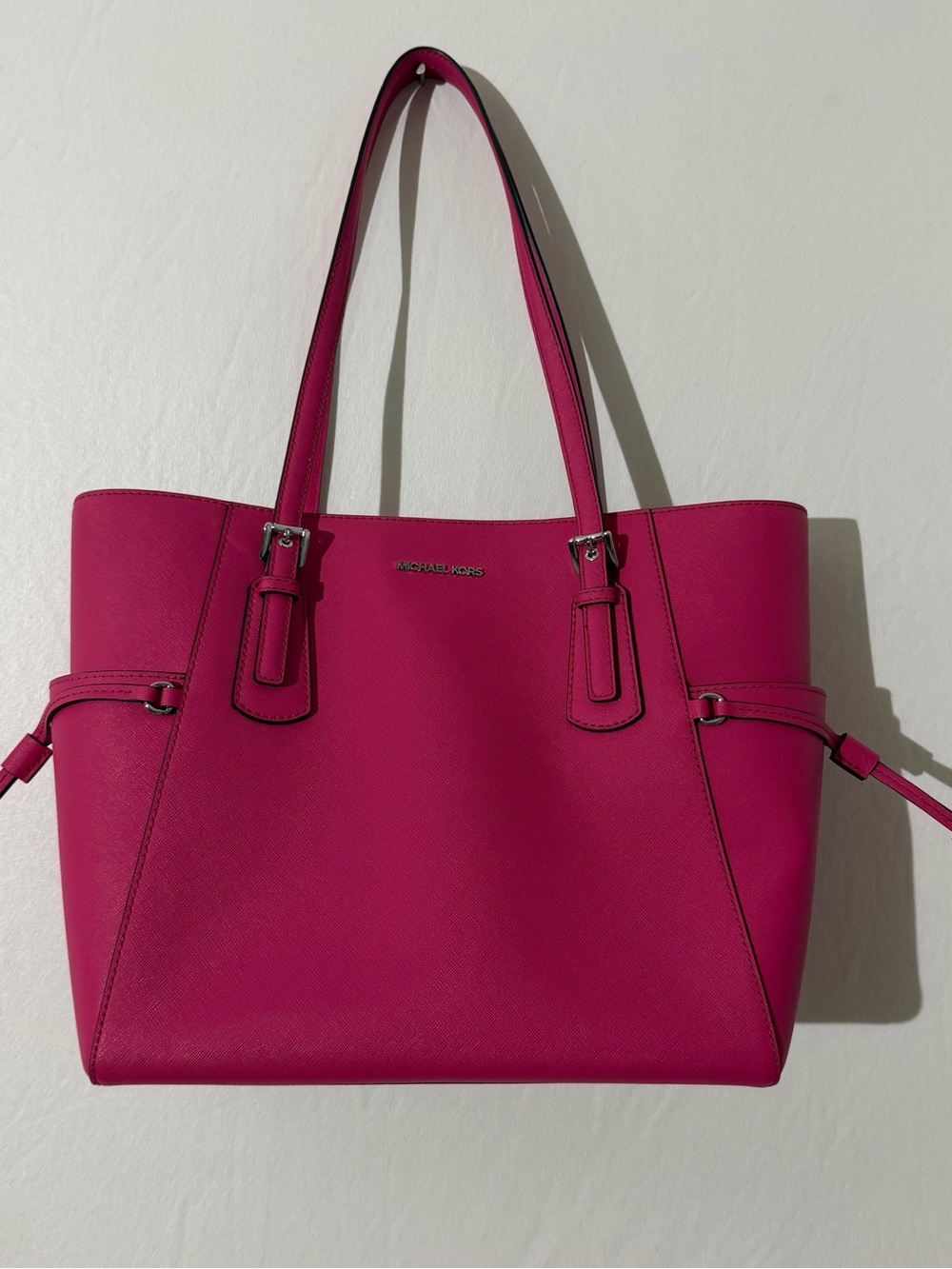 Michael Kors Voyager Crossgrain Leather Tote Bag Electric Pink Summer Travel Bag